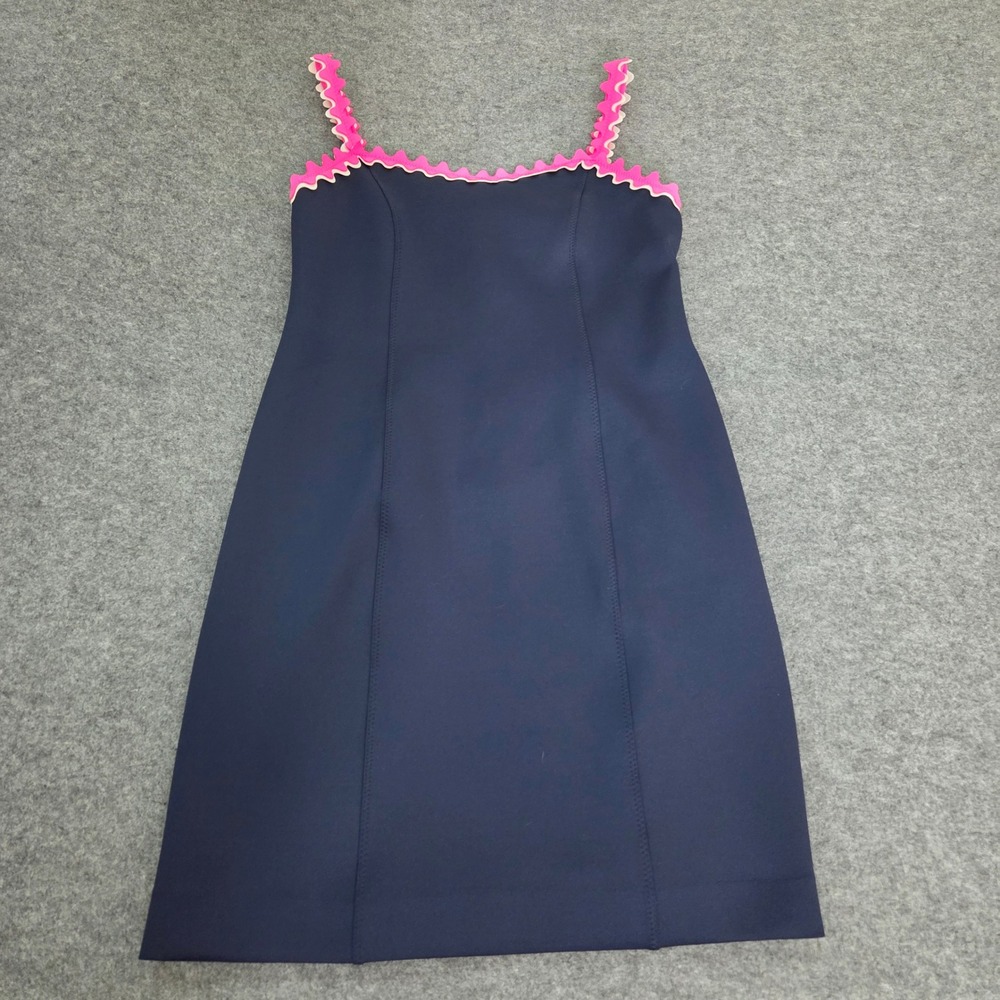 Lilly Pulitzer Shellbee Dress Large Navy Blue Pink Ric Rac Scuba Shift Resort